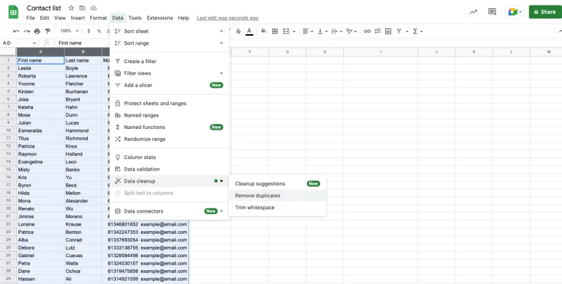 Screenshot showing remove duplicates feature in Google Sheets