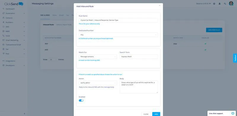 SMS Automations: Inbound Rule Settings 