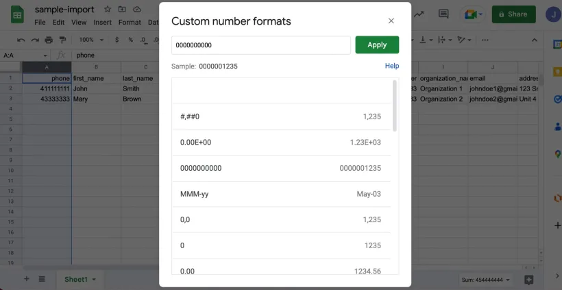 Screenshot showing custom number formatting in Google Sheets