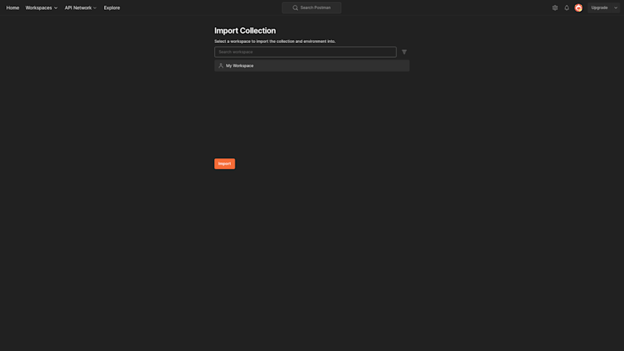 Postman screenshot showing Import Collection screen