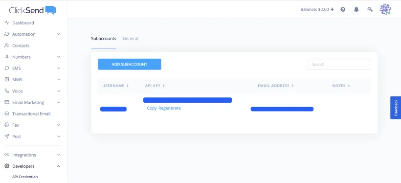 ClickSend dashboard screenshot of subaccounts page for API key