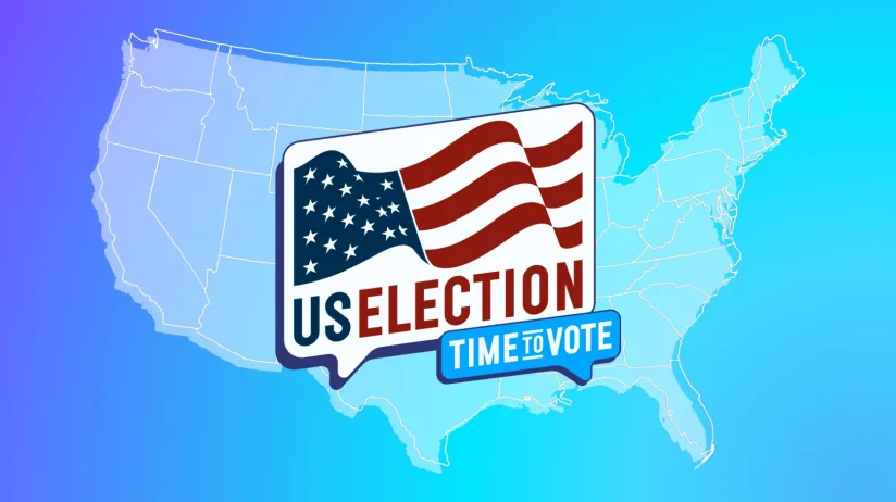 Political campaign text messaging hero image showing the map of the United States with 'US Election Time to Vote'