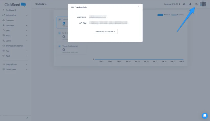 Screenshot of the ClickSend dashboard showing where to find the API key