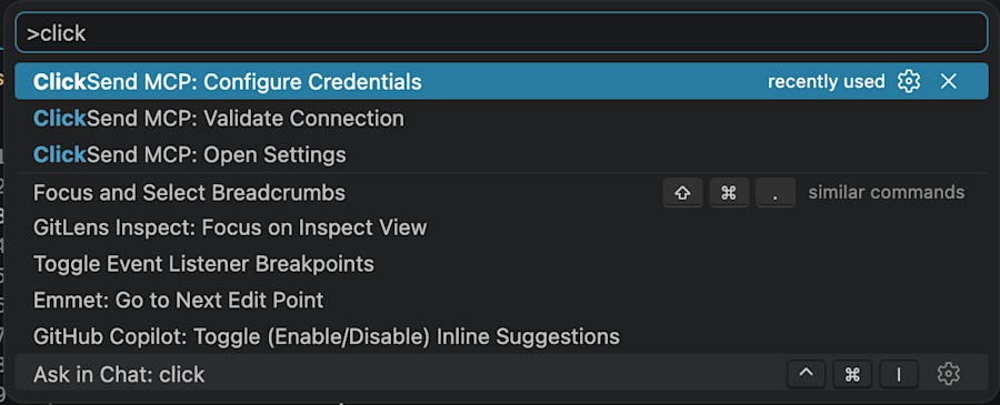 ClickSend MCP VS Code Configure Credentials