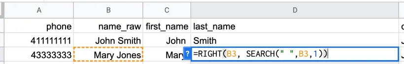 Screenshot using RIGHT function in Google Sheets to find surname