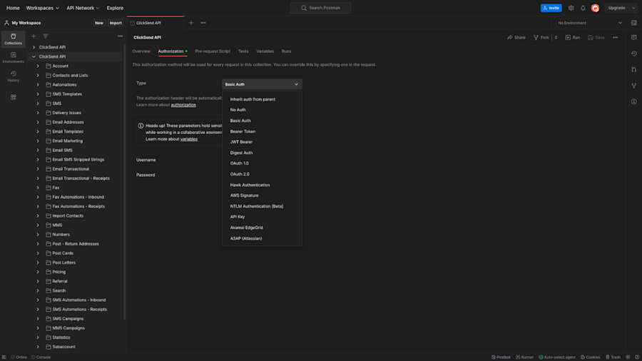 Postman screenshot showing the 'Authorization' screen for the ClickSend API