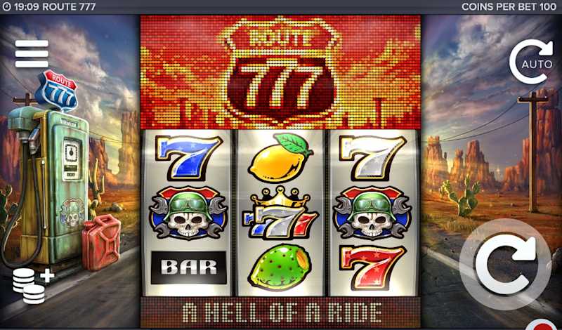 Captura de pantalla de una clásica tragamonedas temática de 777, Route 777