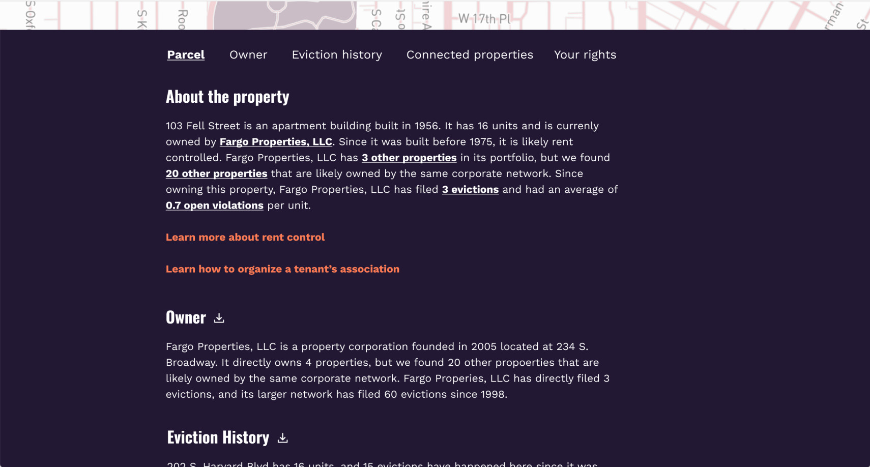A screenshot from Evictorbook showing details about the selected property, including owner, eviction history, and links to information about rent control and organizing a tenant's association.