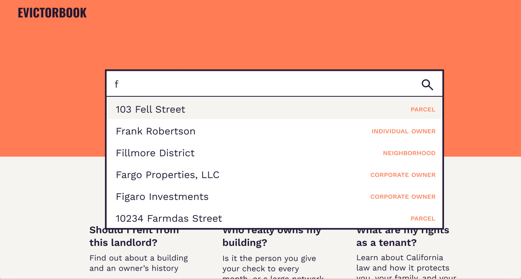 A mockup of Evictorbook showing a webpage with a search dropdown listing different properties in San Francisco