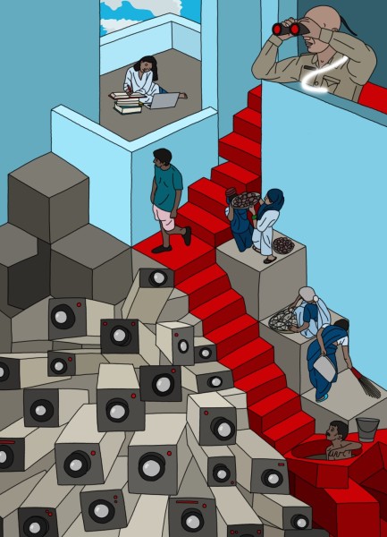 Illustration of someone climbing down a staircase as other people engage in various activities like cleaning and selling fish around them, all are behind a stack of cameras.