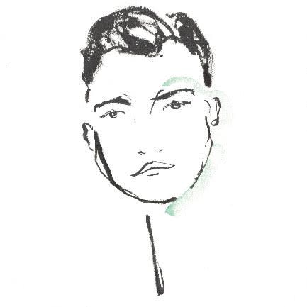 A black-and-white brush-drawn portrait of Nathan Schneider, with short hair.
