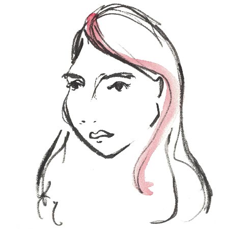 A black-and-white brush-drawn portrait of Kate Bertash, with long hair.