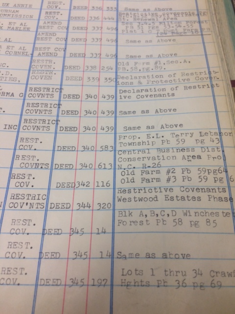 Page in a covenant restrictions deed book in Durham County Deeds Office, part of the chain of custody used to locate deeds with racial covenants. Photo: Hacking into History.