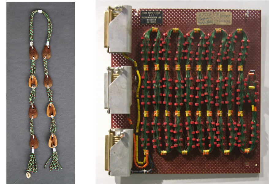 Left, a woven chain of 8 cowrie shells. Right, a rope of wires mounted on a board.