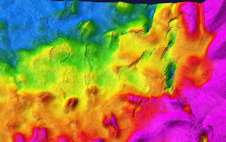 A topographical map of an area with different segments rendered in different colors.