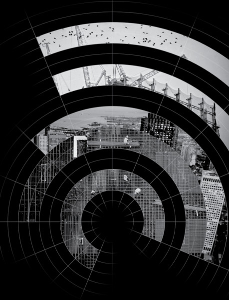 An abstract radial image featuring visuals of construction scenes.