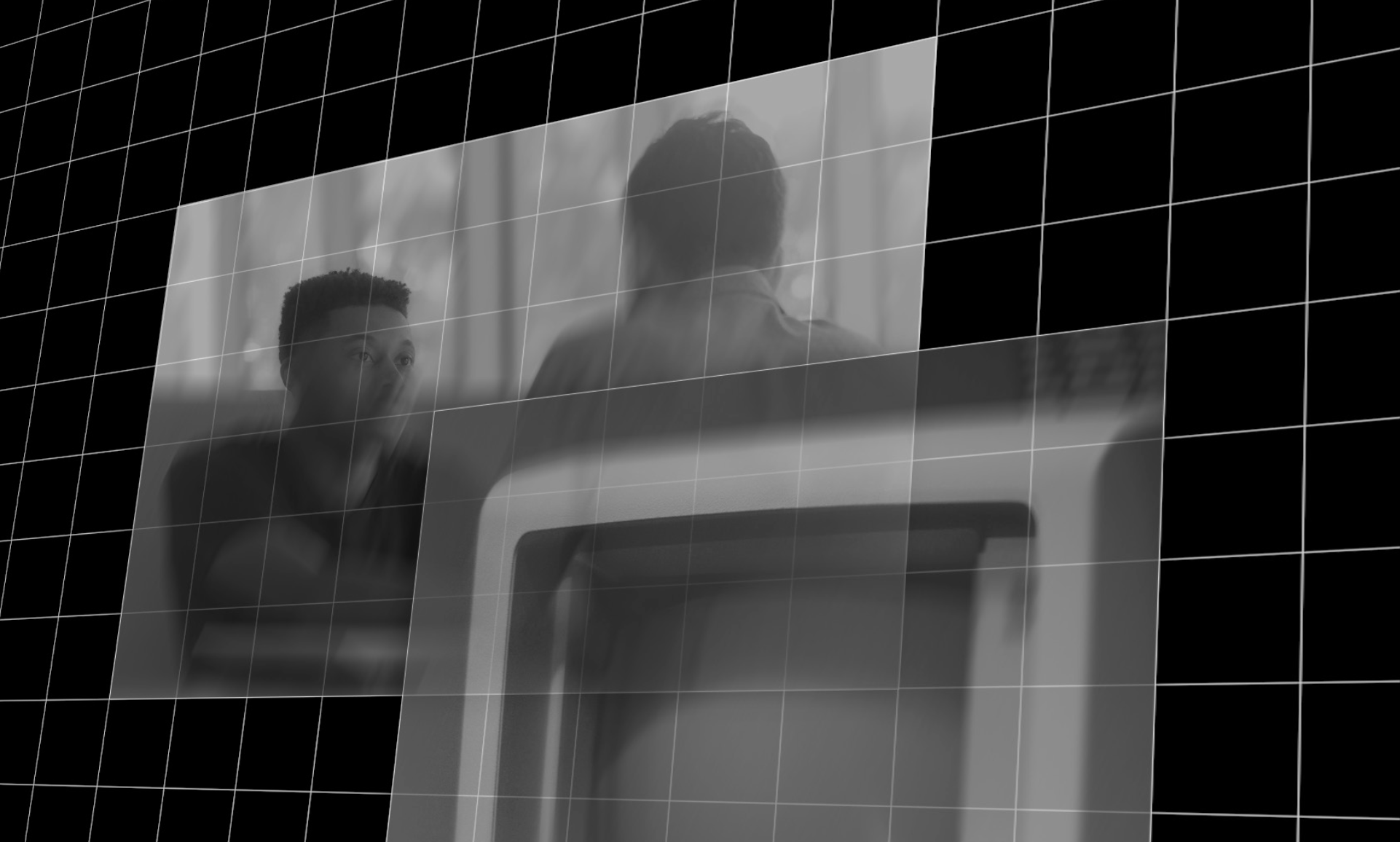 An abstract image of a black man being interviewed by a seemingly older white interlocutor, behind another image of an old computer.