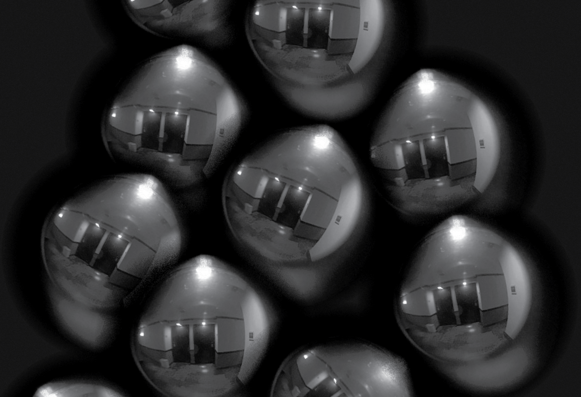 An abstract image of bubbles that look like frog eggs, which contain a scene that appears to be a view out a peephole