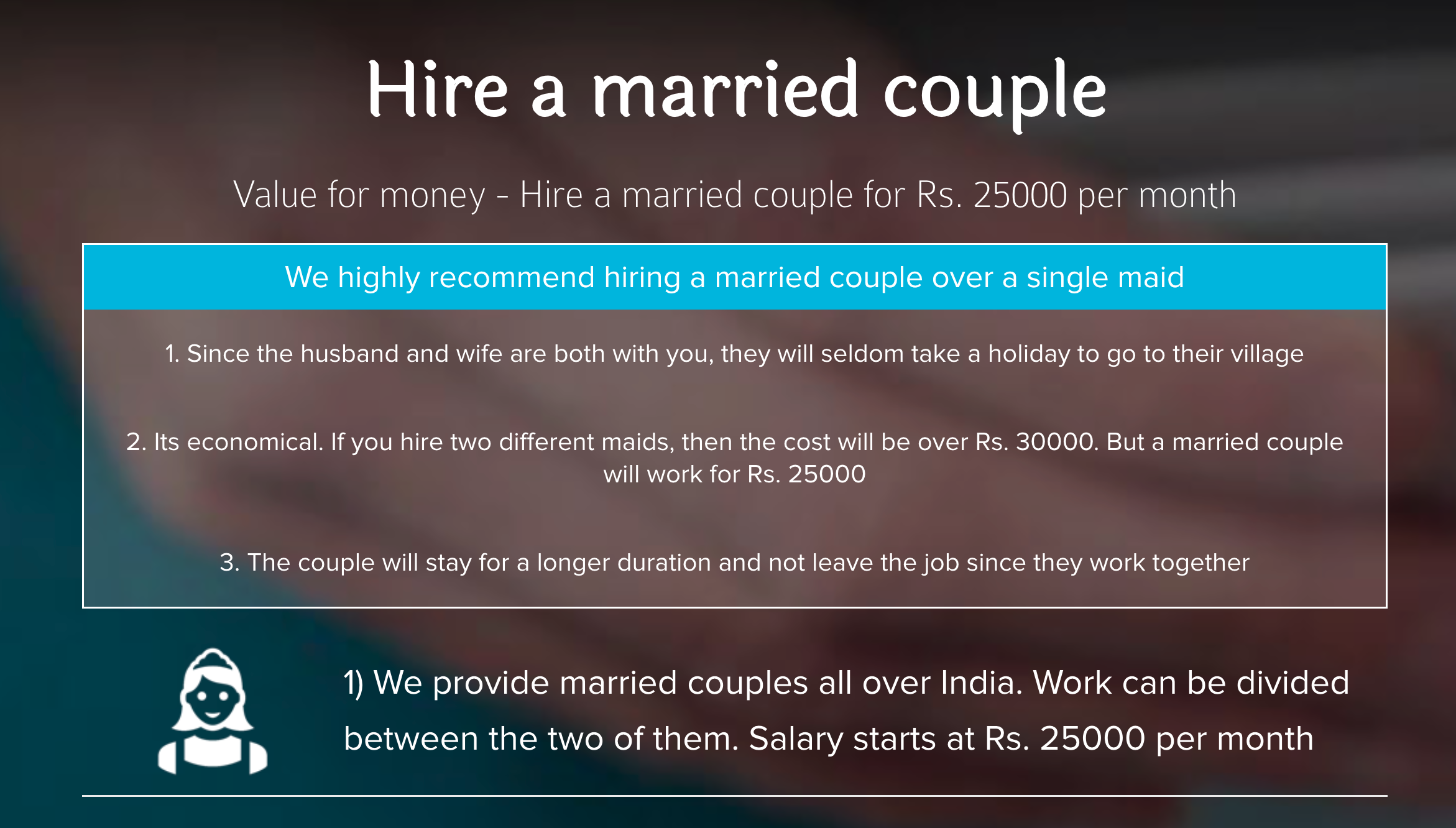 Page for hiring a married couple on BookMyBai.com. 