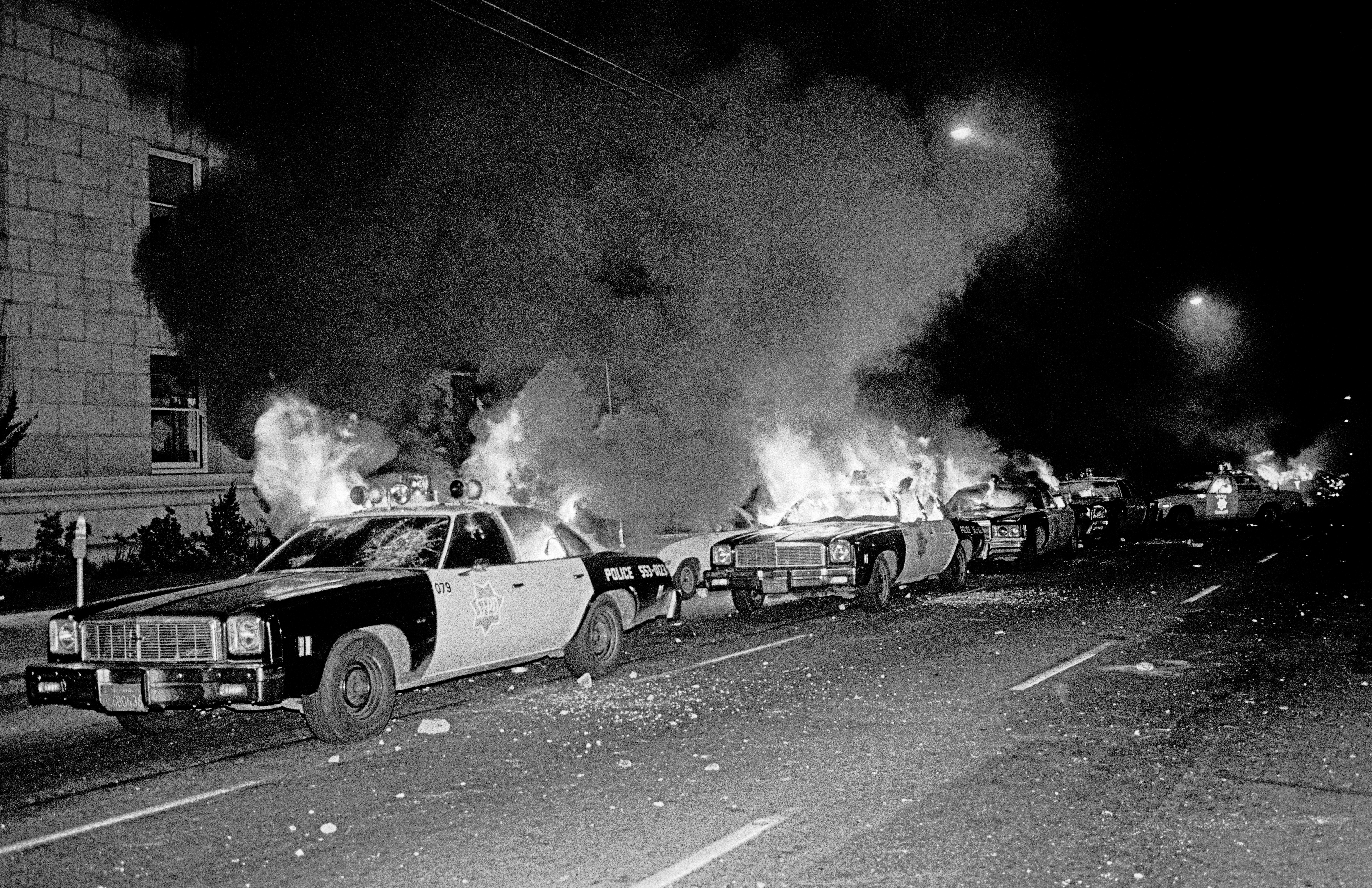 Burning police cars at the San Francisco Civic Center, May 21, 1979, during the so-called White Night protests. 
