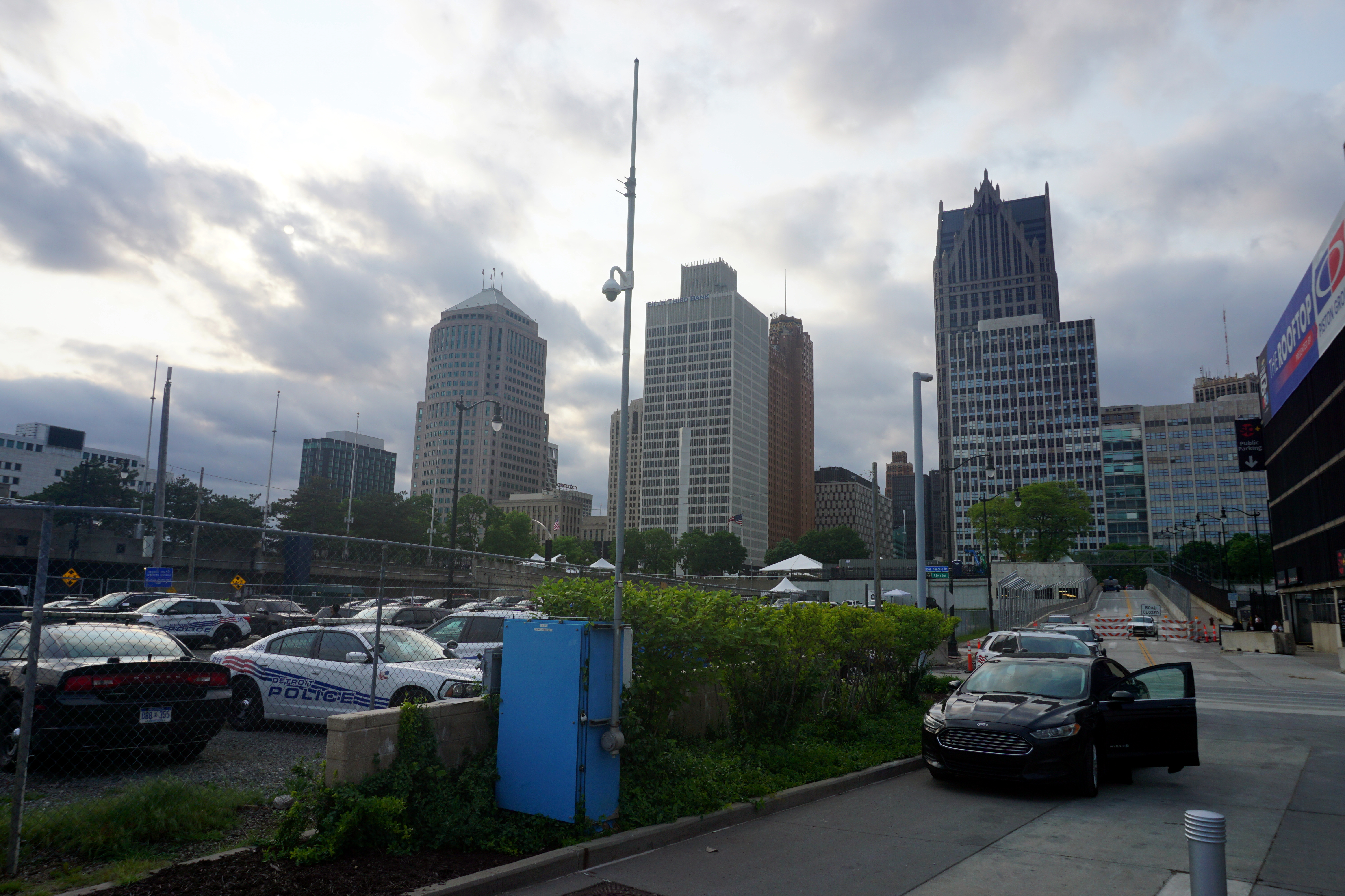 A view of the downtown Detroit skyline from the police station on Atwater Street. 