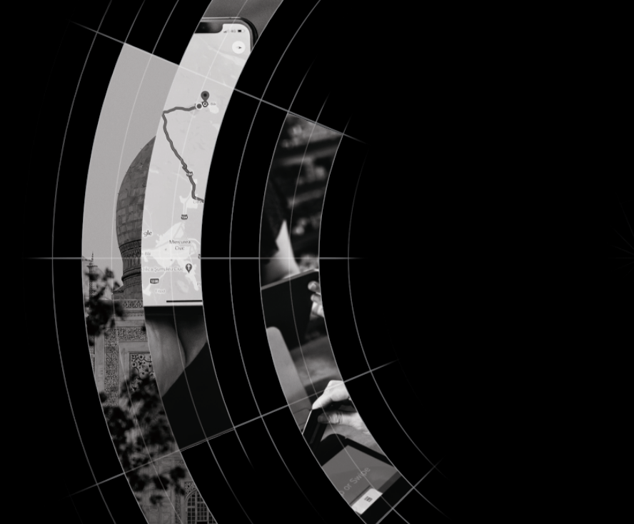 Abstract collage including a phone map, and building