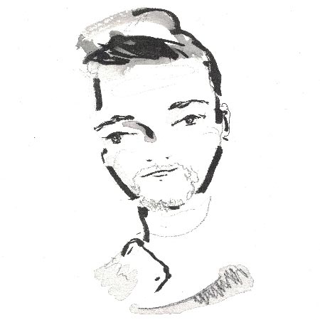 A black-and-white brush-drawn portrait of David Huerta, with short hair and a goatee.