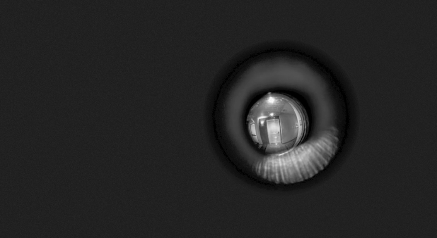 A hazy view out of a peep hole onto a scene that appears to be an apartment hallway