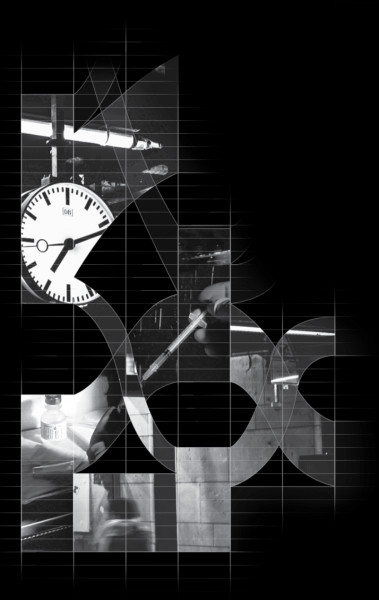 An abstract interstitial image featuring a clock and syringe.