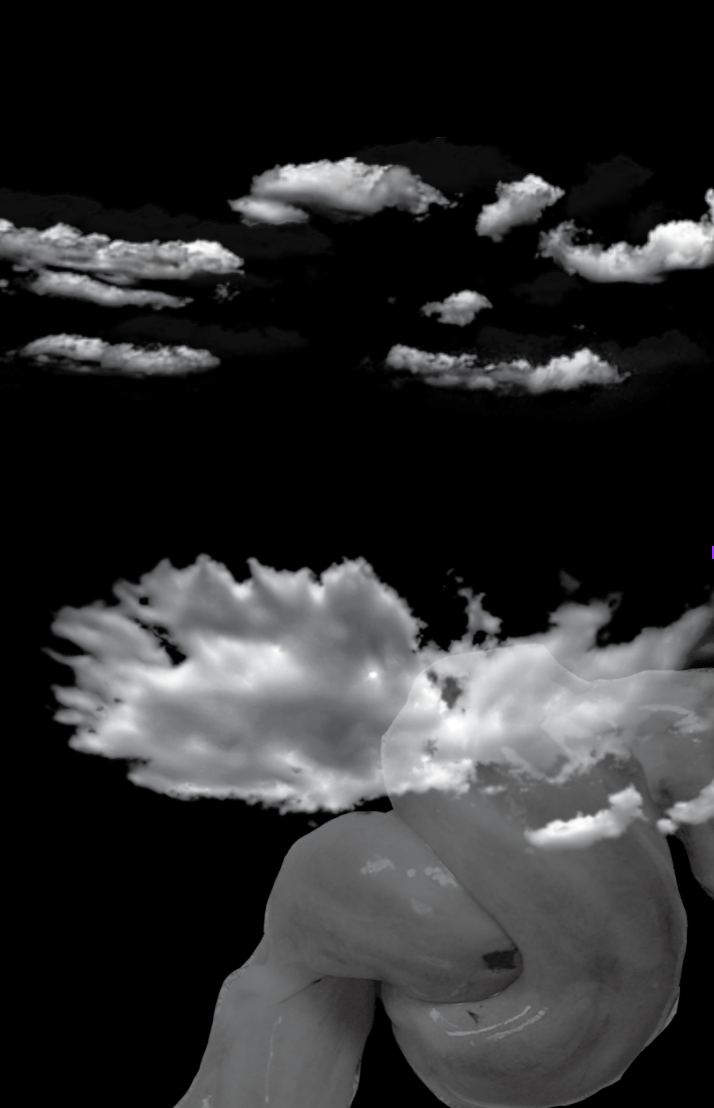 An abstract interstitial image with clouds and an umbilical cord