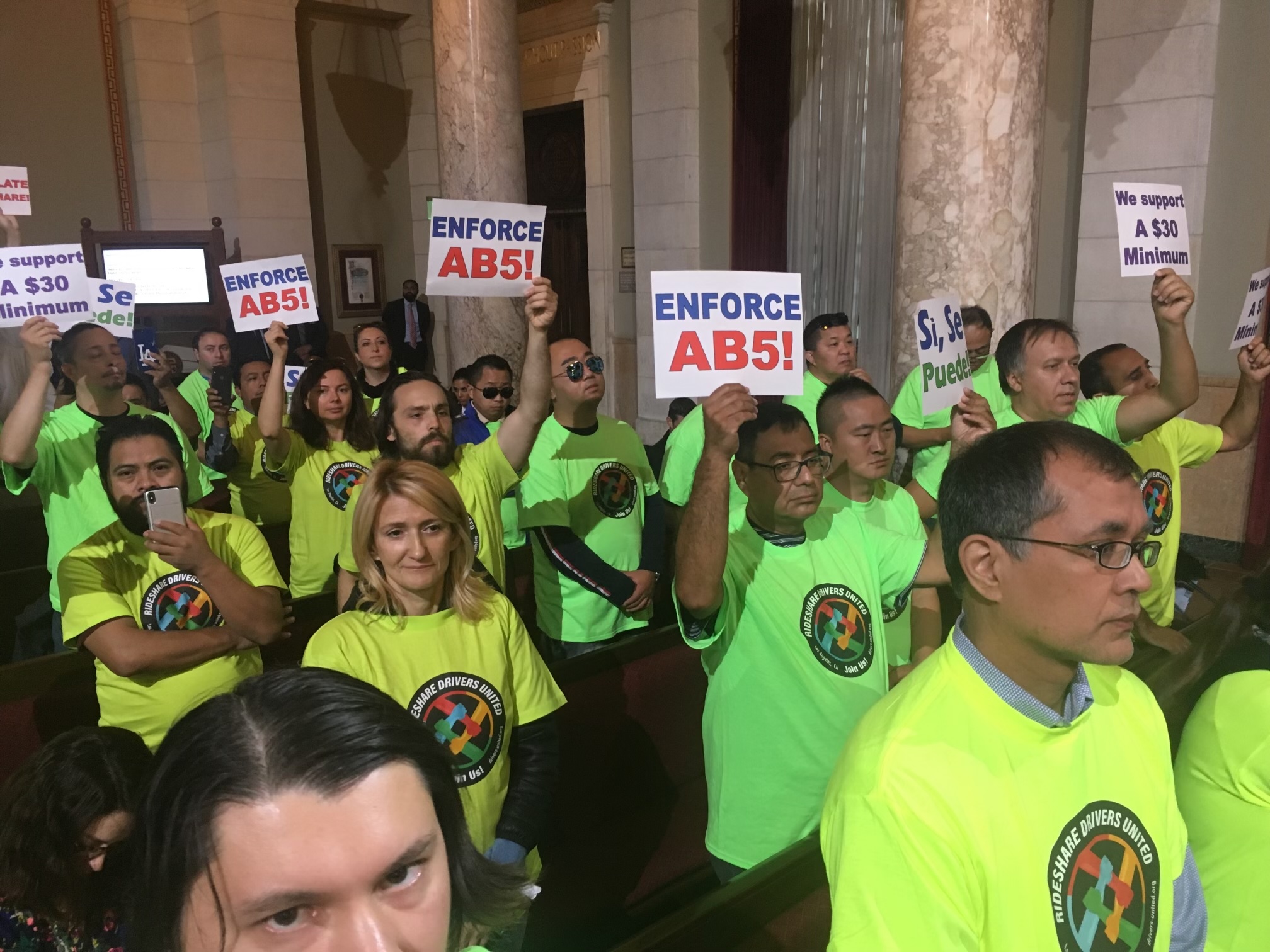 Drivers rally to push for enforcement of California Assembly Bill 5 in Los Angeles, which classified Uber and Lyft drivers as employees. Photo courtesy of Rideshare Drivers United, 2020.