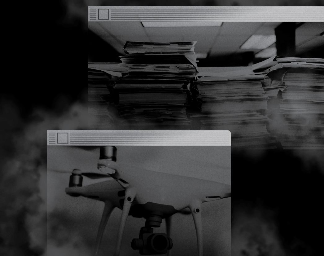 Old-school browser window with an image of a paperwork and a quadcopter drone, partially obscured by misty clouds