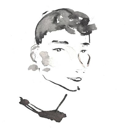 A black-and-white brush-drawn portrait of Maciej Cegłowski, with short wavy hair.