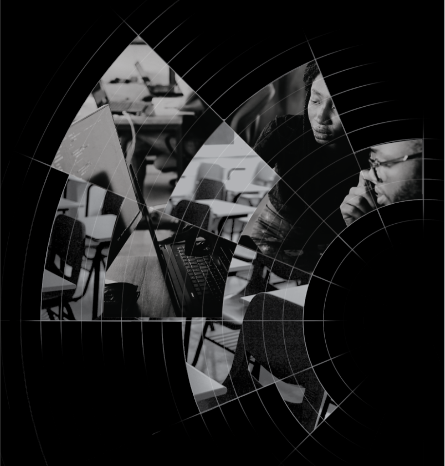 Abstract collage including a man and woman looking at a computer