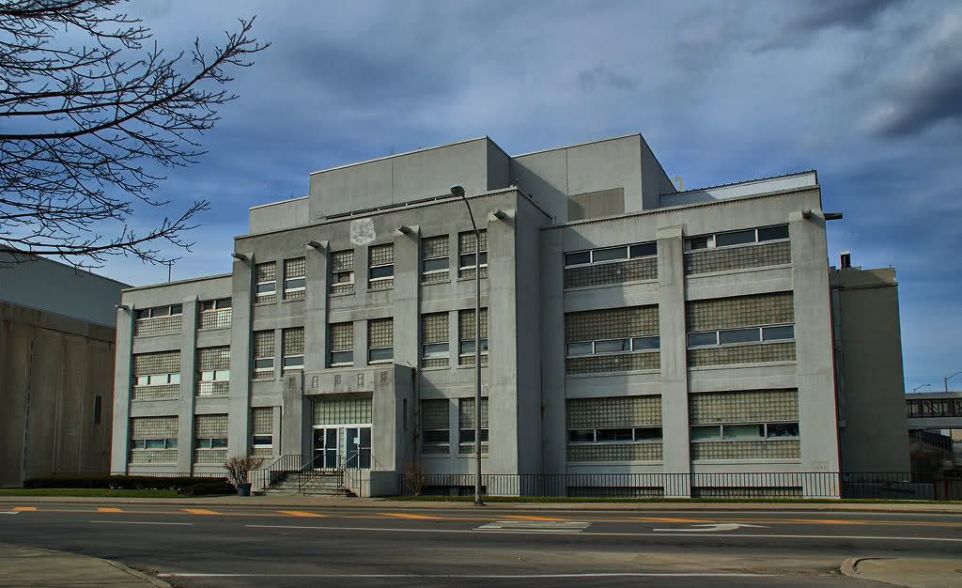 A gray abandoned building.