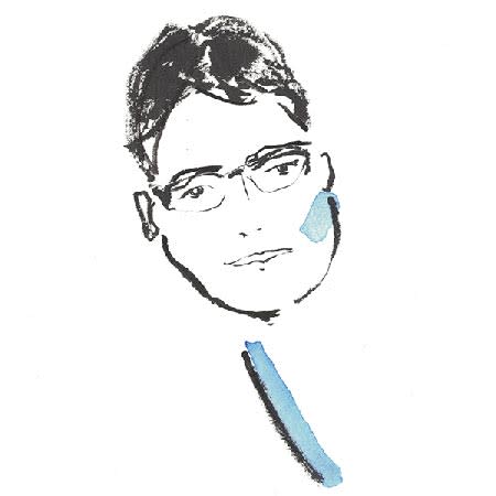 A black-and-white brush-drawn portrait of Alex Gil, with short hair and glasses.