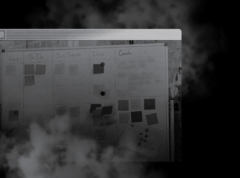 Old-school browser window with an image of an agile story board, partially obscured by misty clouds