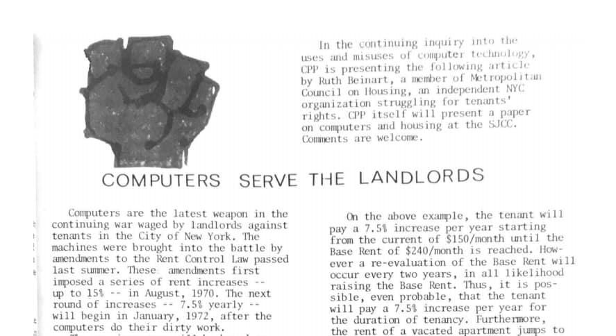 Scan of Interrupt, the CPP newsletter. Includes a fist over a title: 