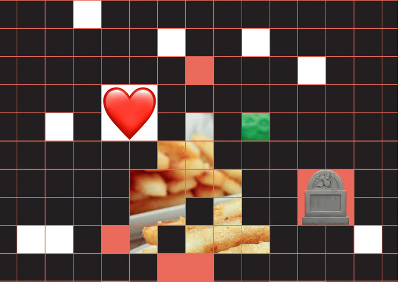 Grid with black and white pixels, showing emoji heart, gravestone, and part of an image of food.