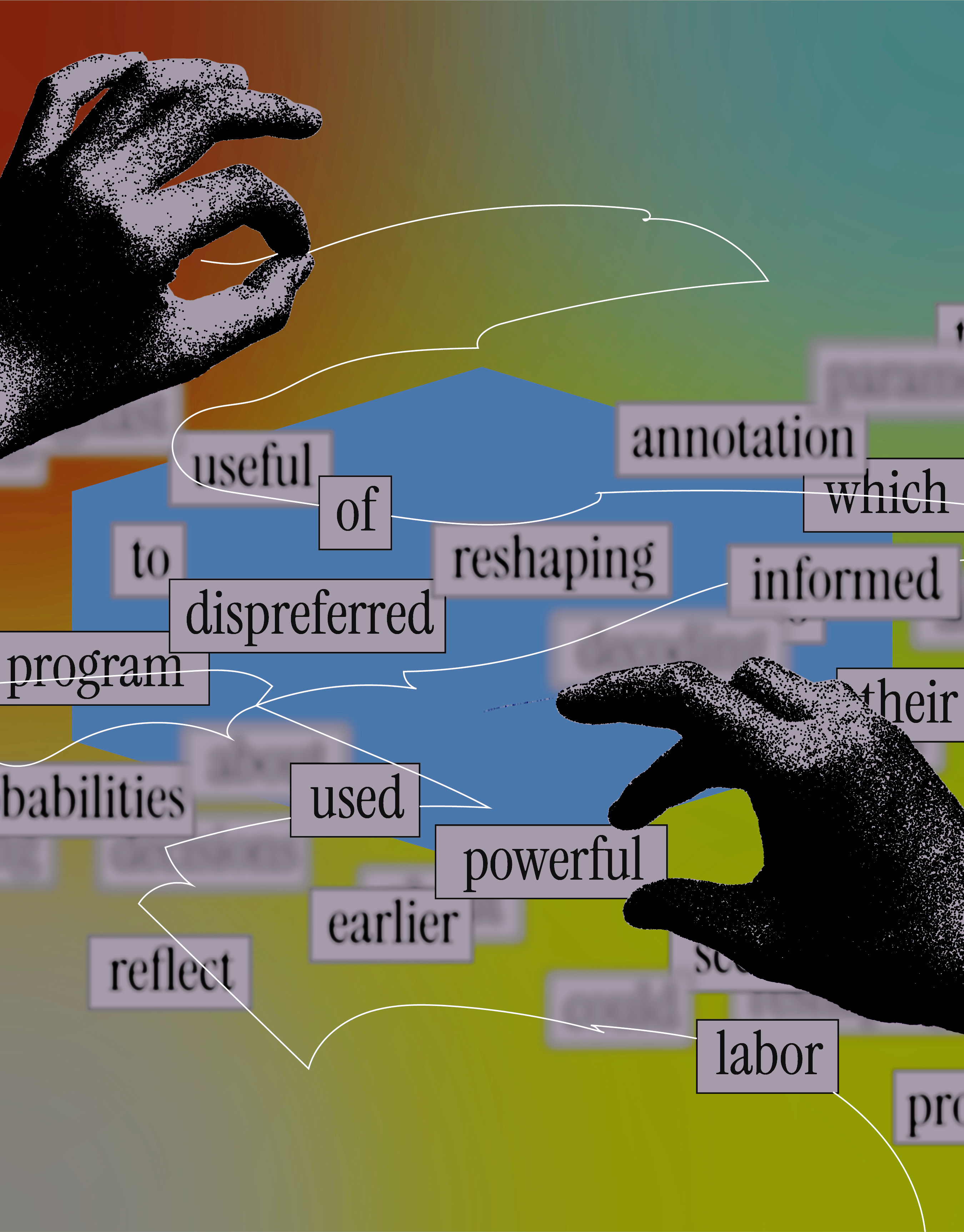 Hands grasping at graphically represented words, with some blurred out and some clear.