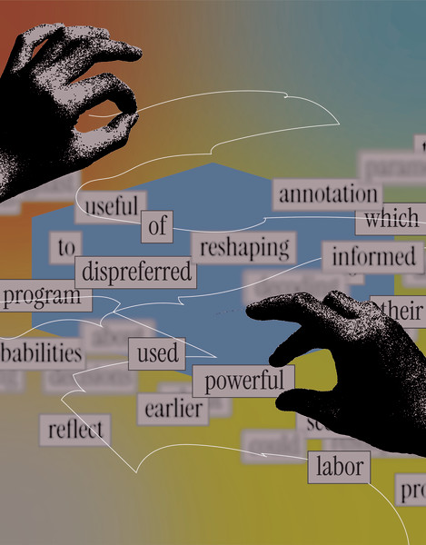 Hands grasping at graphically represented words, with some blurred out and some clear.