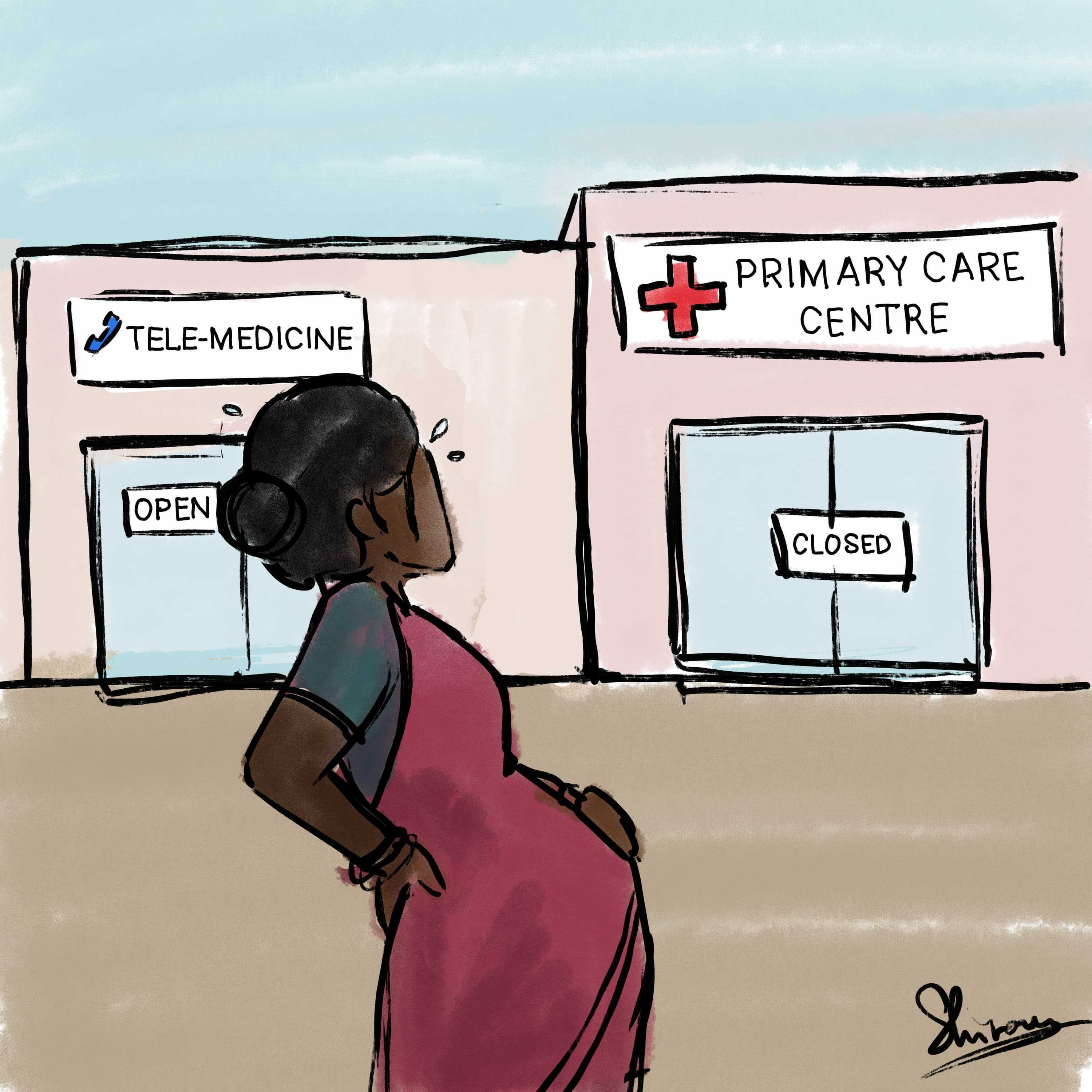 Caption: Telemedicine cannot replace a functioning health center. Illustration by Shirom Selvaraj. 