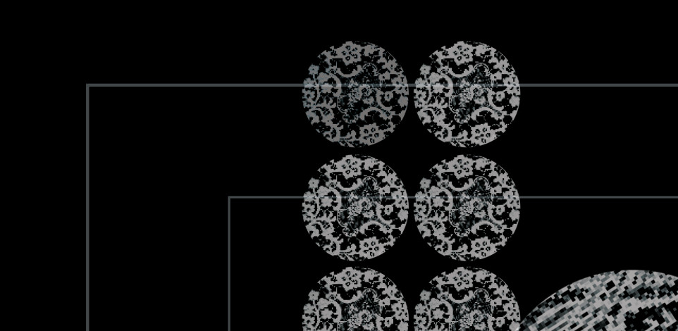 An abstract image with lace circles on a black background with white lines