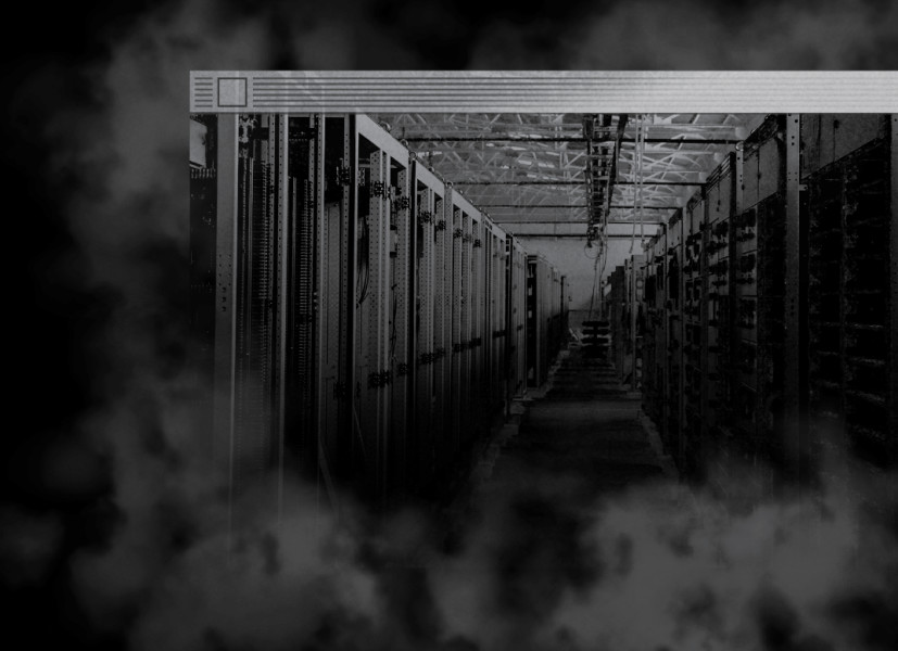 Old-school browser window with an image of a data center, partially obscured by misty clouds