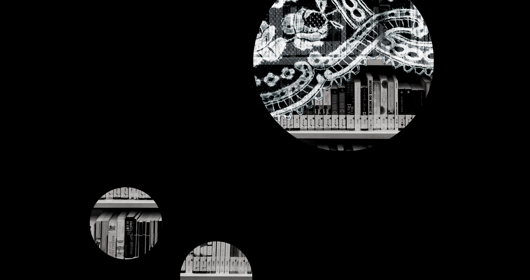 Library shelves with lace overlays