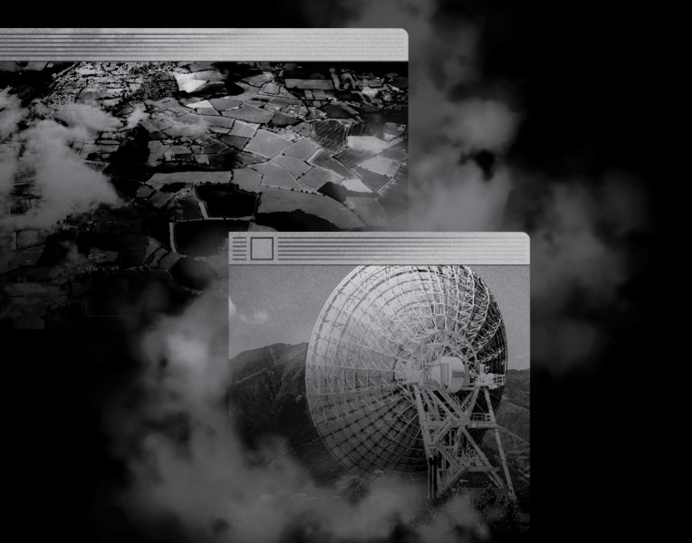 Old-school browser window with an image of a satellite dish and landscape, partially obscured by misty clouds