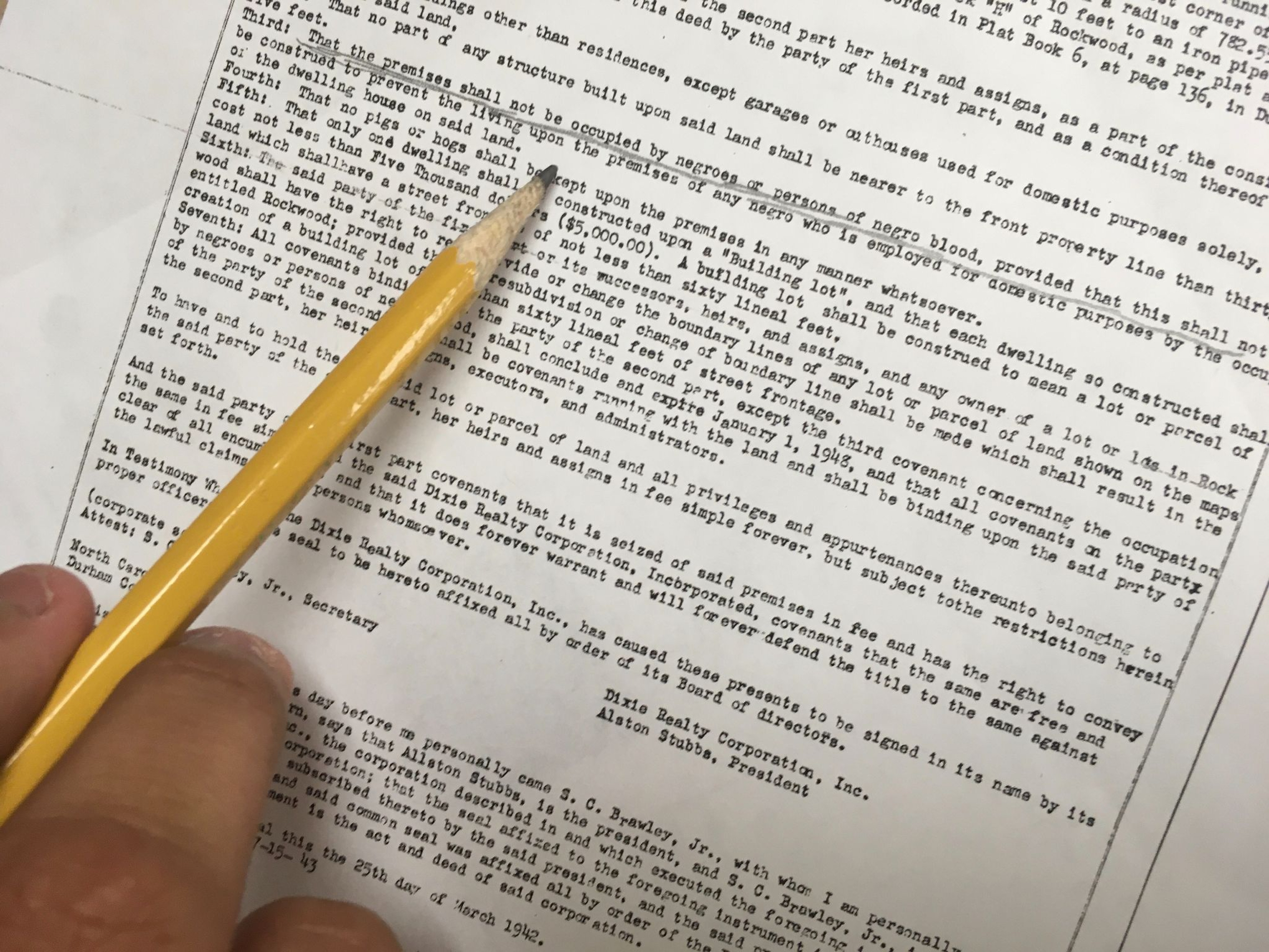 Close-up of a property deed with a racial covenant. Photo: Hacking into History.