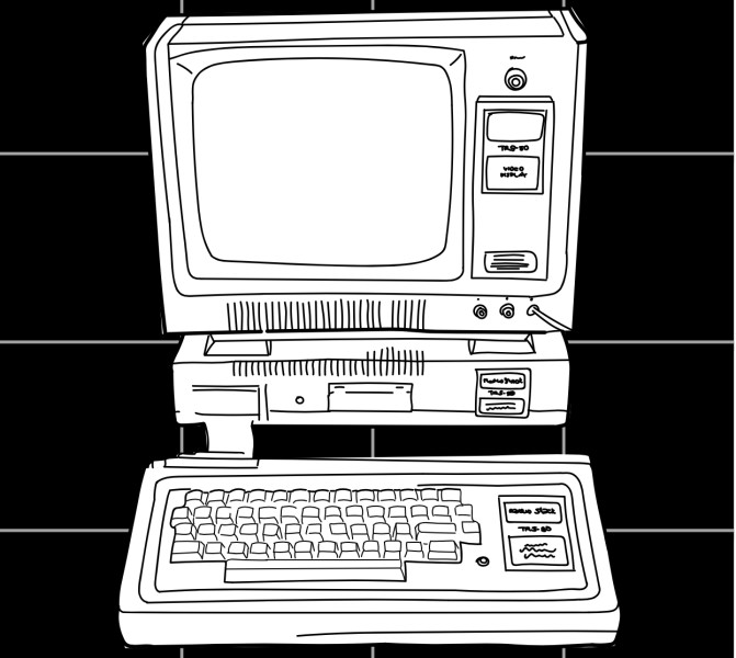 A hand drawing of a TRS-80 computing terminal