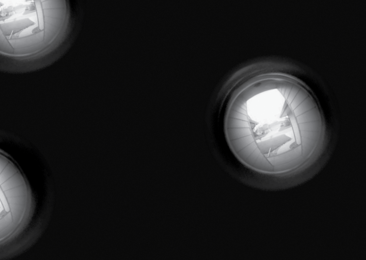 An abstract image of bubbles that look like frog eggs, which contain a scene that appears to be a view out a peephole