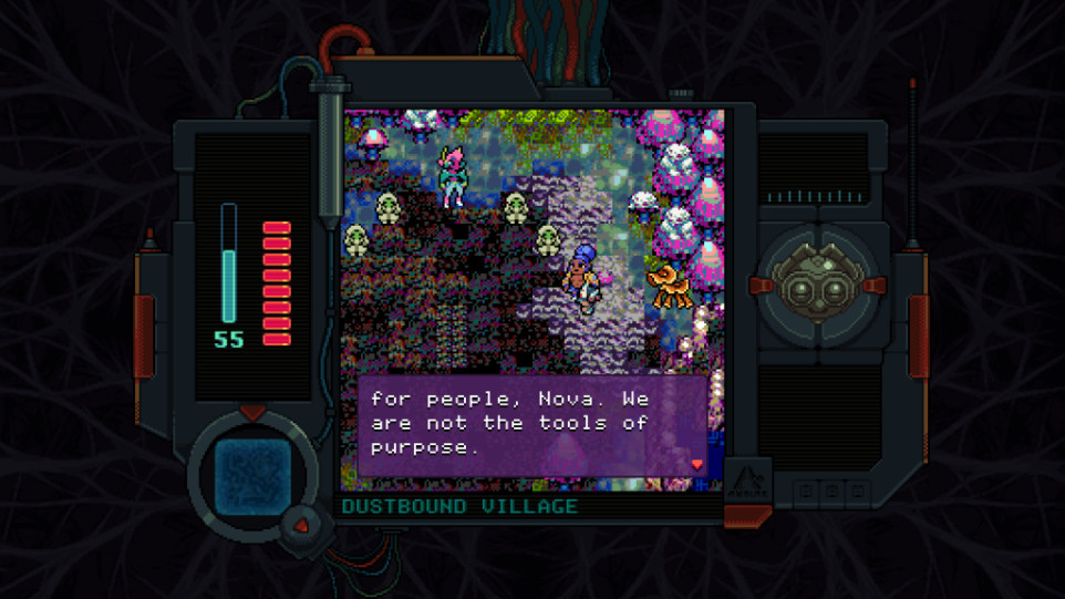 Video game screenshot displays a central square with characters speaking to each other. The caption / dialogue reads "...for people, Nova. We are not the tools of purpose." Below this it reads "Dustbound Village."
